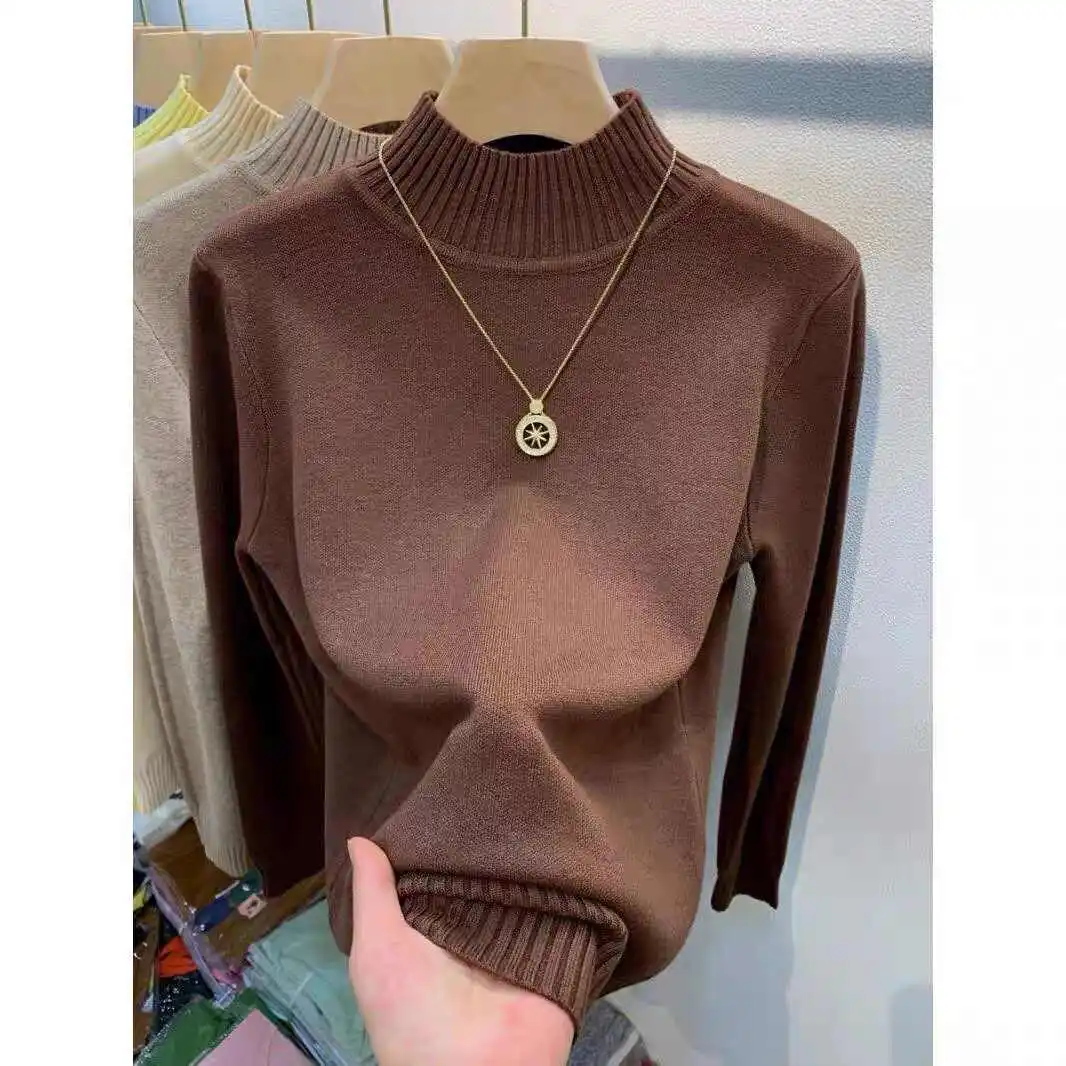 Sueter Feminino New Solid Mock Neck Knitted Sweater Women Pullovers Long Sleeve Knit Sweater Pullover Women Tops Knitwears Q7354