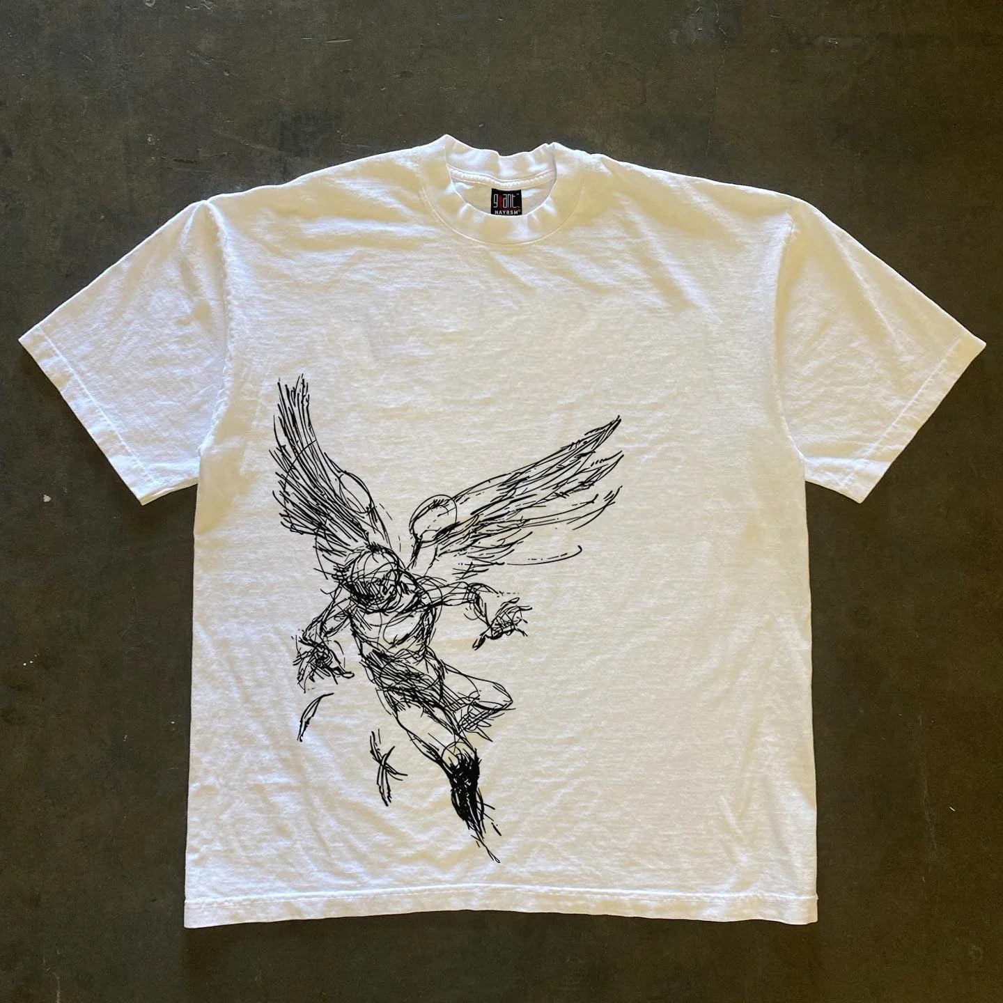 2026 Rough Sketch Winged Angel Figure Graphic T Shirt Abstract Grunge Line Art White Cotton Oversized Short Sleeve Tee