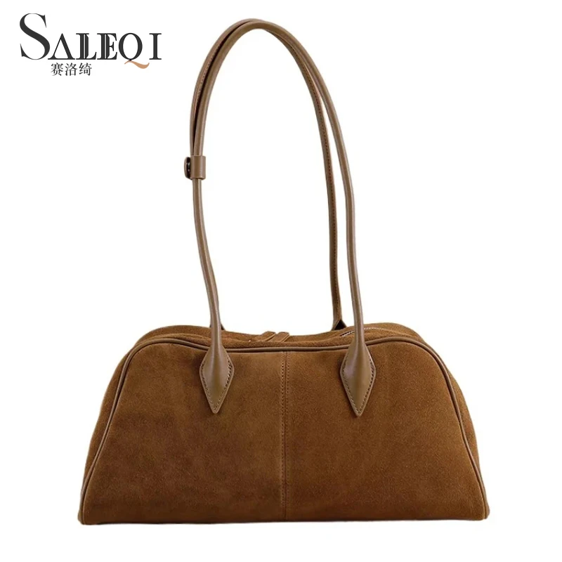 

Genuine Grade Boston Underarm Female Big Bag Women's Fashion Bowling Suede Frosted Cow Leather Shoulder Bag Long-Handle Handbag
