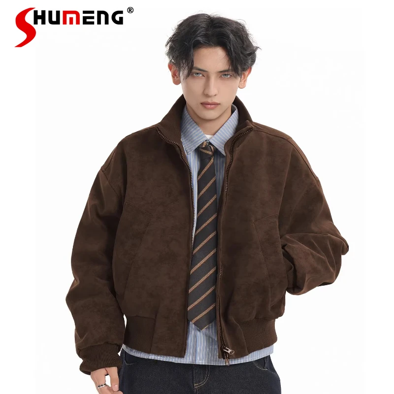 

Men's 2025 Winter New High-End Tie-Dye PU Leather Parkas Fashion Warm Pocket Decoration Coats Simple Long Sleeve Flight Jackets