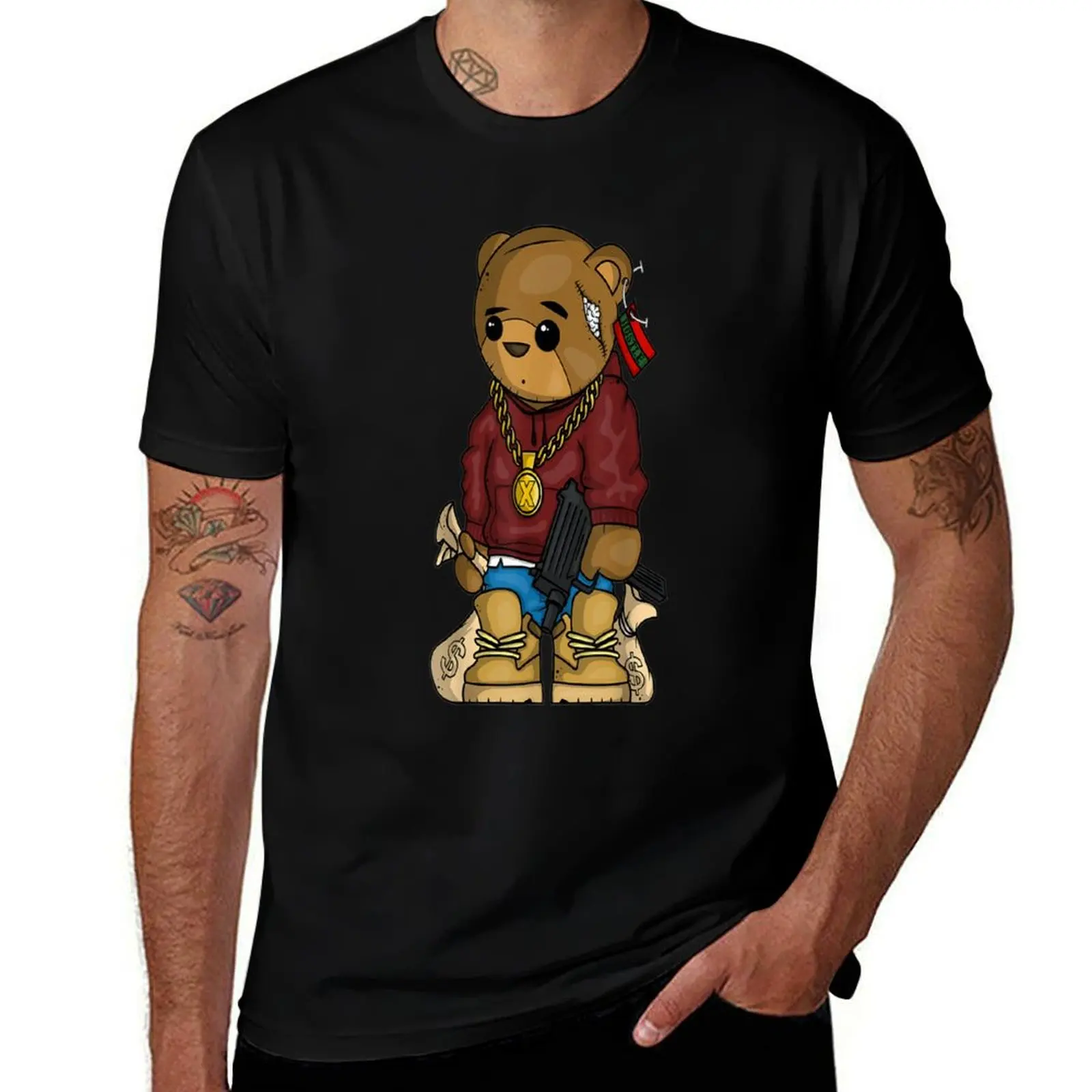 

Hip Hop Teddy Bear with Gun Get Money Rap Music Lover T-Shirt summer tops basketball graphic tees boys animal print mens t shirt