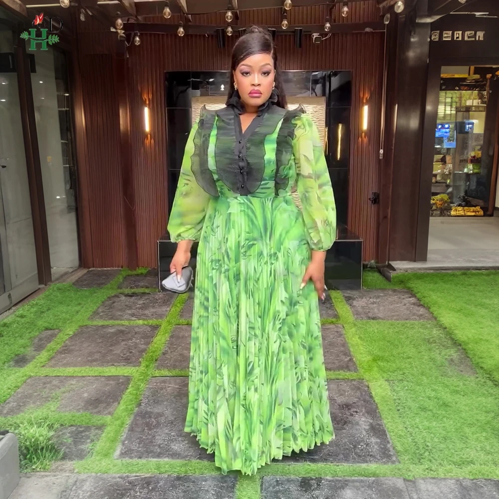 

H&D African Floral Print Maxi Dress with Black Ruffled Collar Puff Sleeves Pleated Skirt Design For Garden Parties Daily Wear