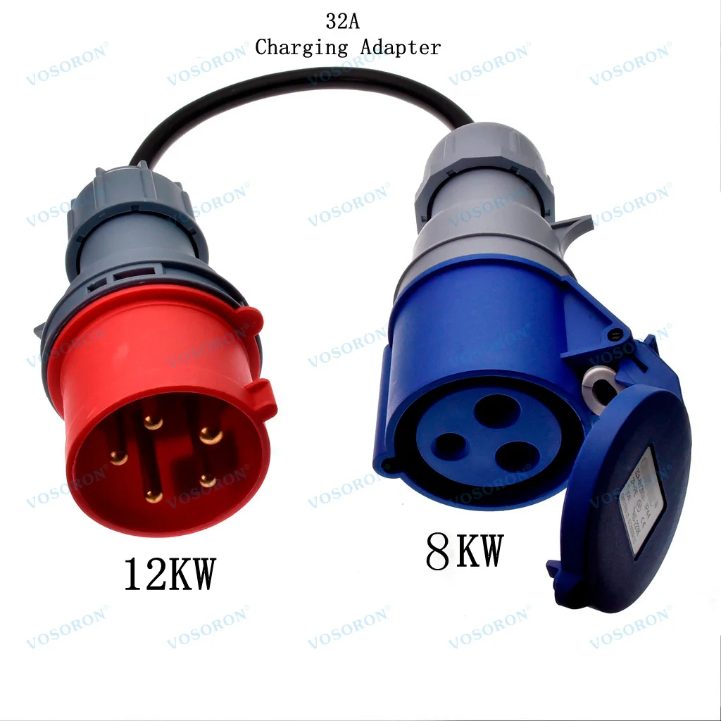 Electric vehicle Charging Adapter Convert from 12kw to 8kw 3phase to 1phase 32A CEE Red Male 5pin Connected to Blue Female 3pin