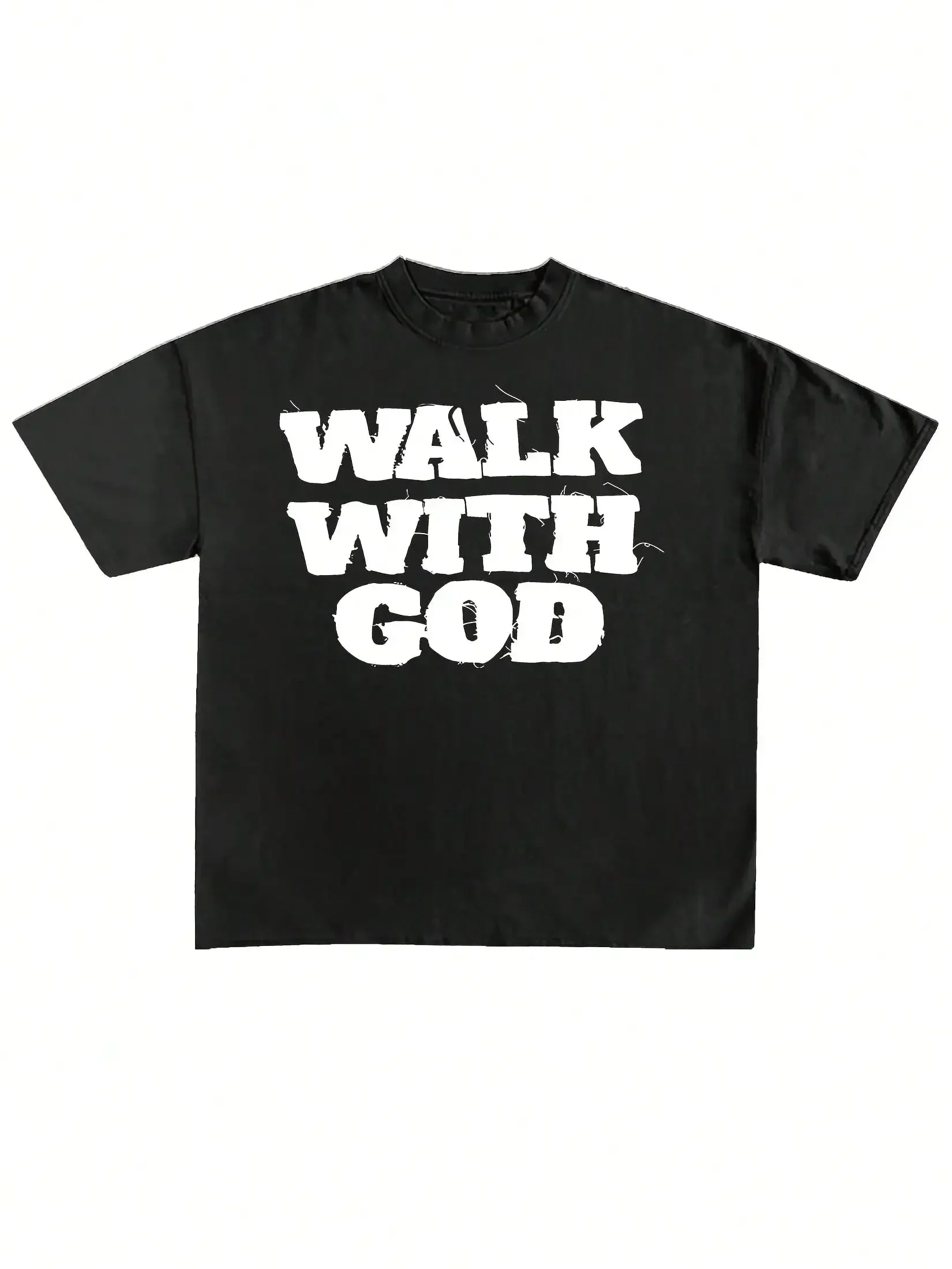남성용 레트로 Y2K 스타일 'Walk with God' 레터 프린트 코튼 티셔츠 캐주얼 크루넥 반팔 티셔츠 캐주얼 의상에 완벽