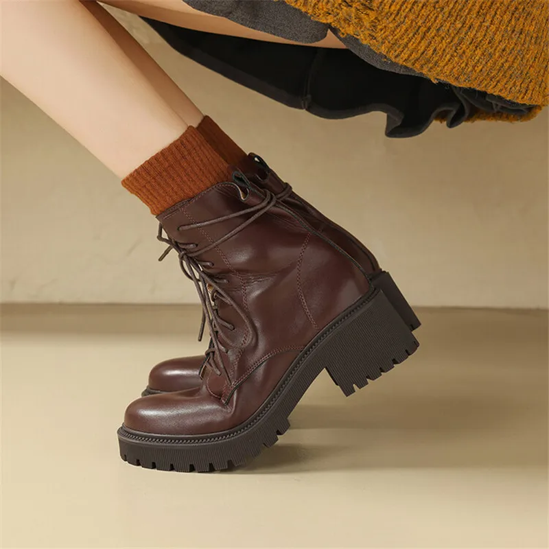 Nuovi stivali da donna in pelle crosta autunno inverno stivali moda scarpe con punta tonda per donna stivaletti con plateau donna tacchi alti neri