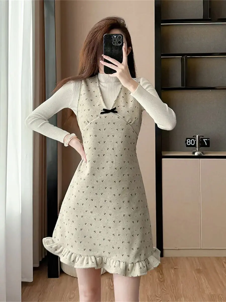 

Новое поступление 2024, осеннее платье без бретелек во французском горошек, комплекты из двух предметов, женские минималистичные трикотажные топы с высоким воротником, наряды