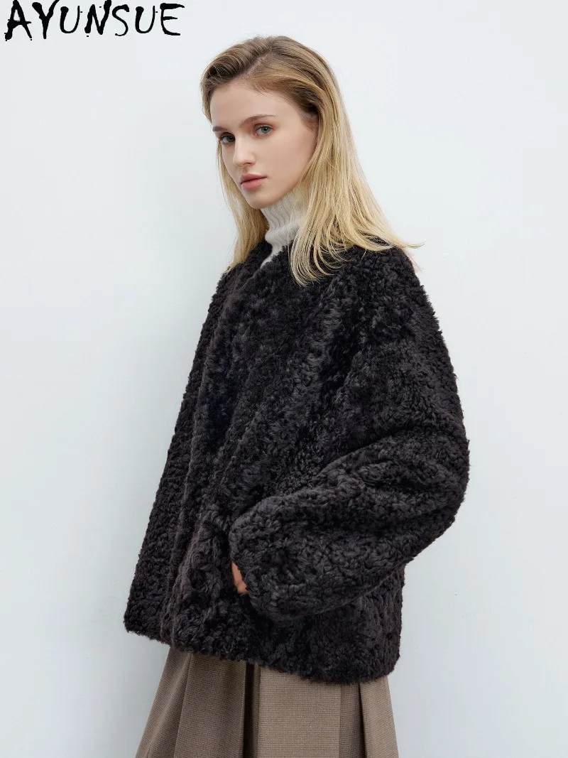 AYUNSUE Genuine Lacon Sheep Shearling Coat Womens Warm Winter Clothes Short Length New Fashion Jacket Premium 2026 Шуба Женская