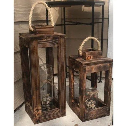 Woody Sharky Wood Decorative Lantern Candle Holder Set 2'li 2 Li Lantern