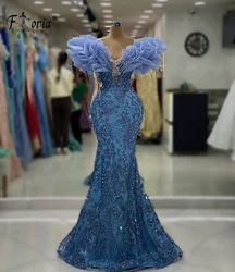 Blue Mermaid Evening Dresses Puffy Ruffles Pearls Wedding Party Dress Beaded Formal Prom robe de soirée luxe élégante 2024 dubaï