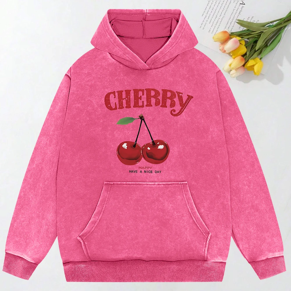 

Creative Cherry Prints Washed Hoodie Women Y2K Comfortable All-Match Hoody Autumn Loose Hoodies Cotton Pocket Pullovers