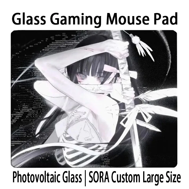 Japanese Anime Black White Girl Glass Gaming Mouse Pad Smooth Desk Pad E-Sports Pad Office Desk Pad PC Custom Pattern Mousepads