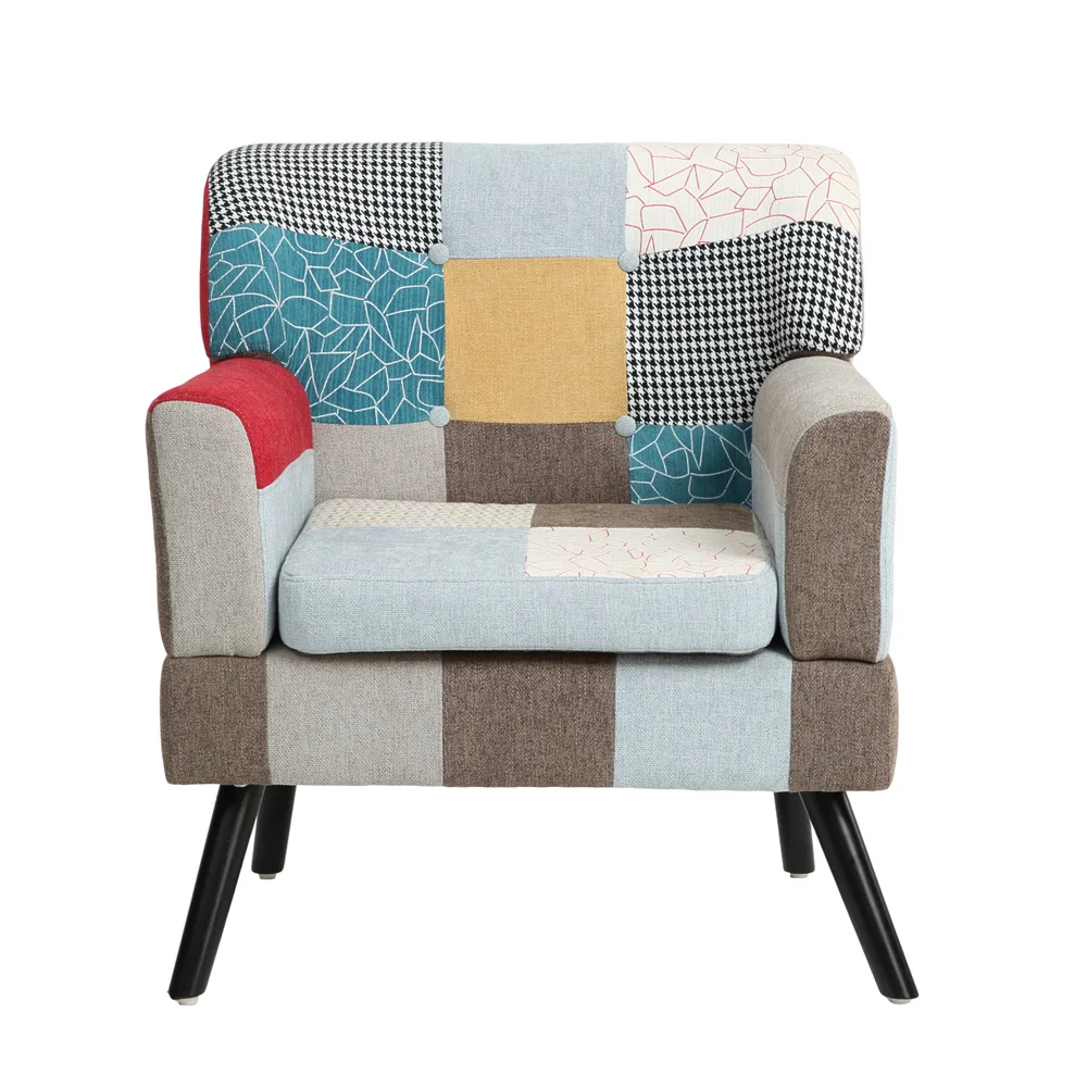 #￥Mid Century Modern Fabric Club ChairComfy Colourful Single Sofa Chair Patchwork Accent Chair for Office Study and Reading Room