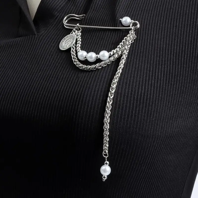 Exaggerate Long Tassel Chain Brooch Women Handmade Pearl Multi Functional Fixed Pin Pants Clothes Decor
