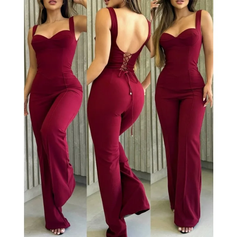 

Women's Clothing Summer 2024 Trend Sweetheart Neck Thick Strap Women Jumpsuit Long Elegant Backless Lace-Up Jumpsuit Women