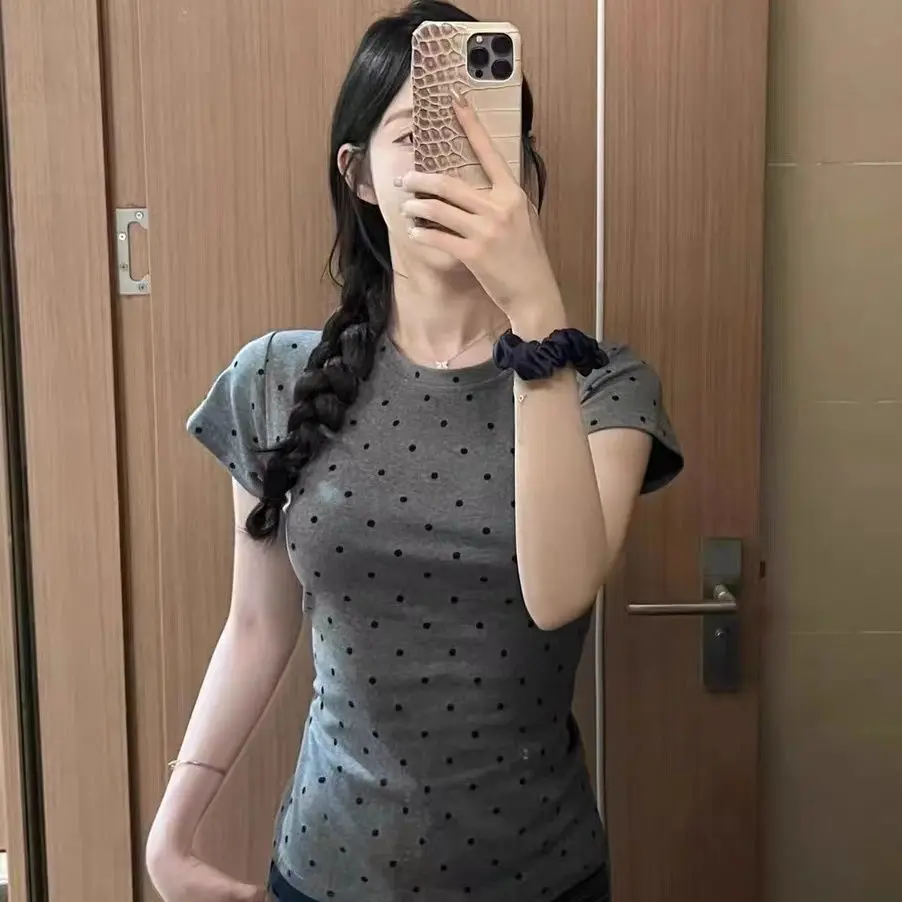 

Retro Polka Dot Short Sleeved T-shirt for Women Summer New Casual Commuting Slim Fit Round Neck Tops Fashion Women Clothing