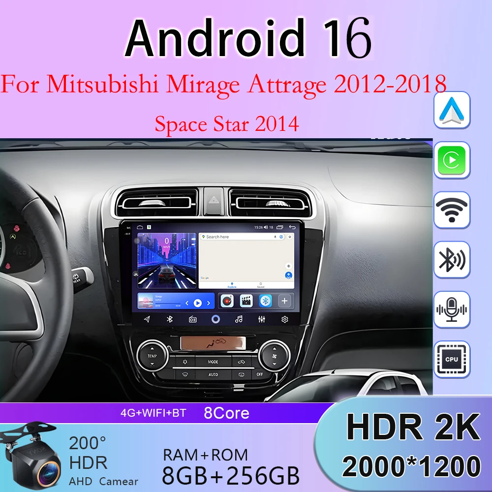 

Автомагнитола Android 16 с GPS, видео и мультимедиа для Mitsubishi Mirage Attrage 2012-2018, Space Star 2014, с беспроводным CarPlay и 4G WiFi