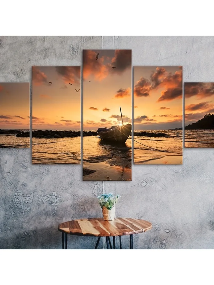 Toile d'art mural sans cadre, 5 pièces, paysage de coucher de soleil de bateau, paysage côtier moderne, imprimés de paysage marin Orange et jaune vibrants, Horiz