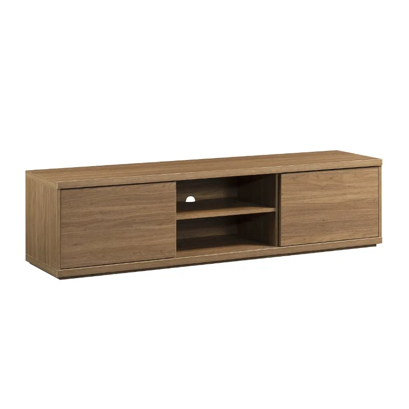 Sliding Door TV Stand for TVs up to 75”, Warm Walnut Finish,Three adjustable shelves for versatile storage options