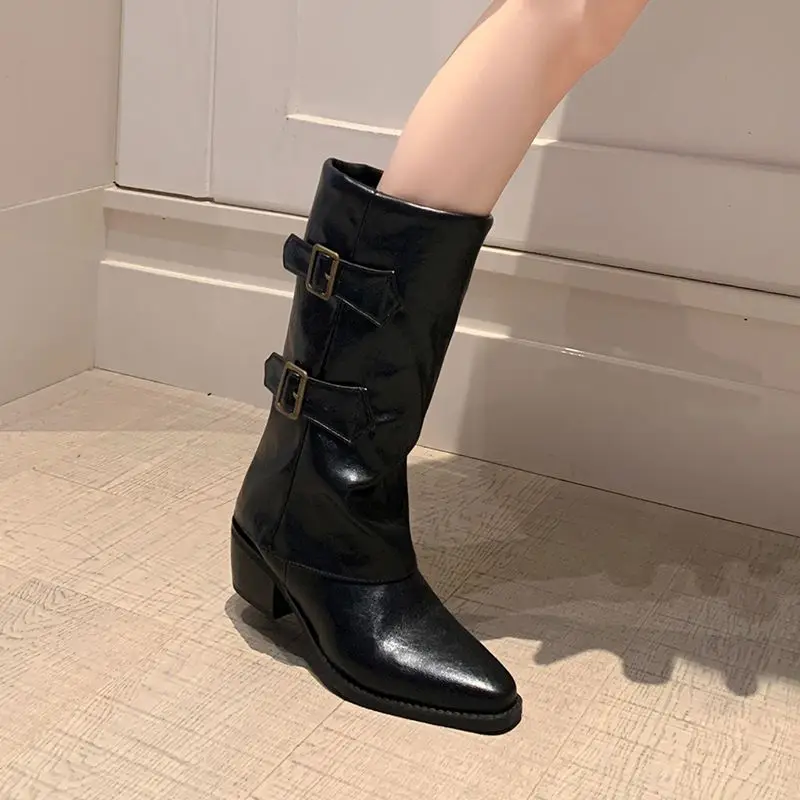 ORCHA LISA Retro Female Mid Calf Boots Pointed Toe 5cm Chunky Heels Slip On Belt Buckle Plus Size 41 42 43 US12
