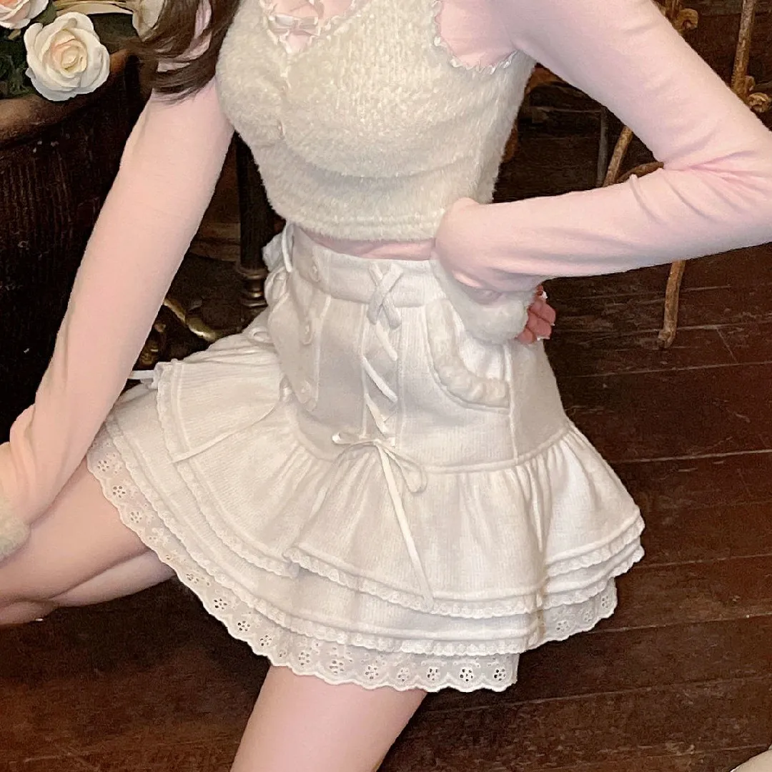 Japanese lolita kawaii clothes pink mini skirt with shorts Lace High Waist korean style women 2024 new fall White skirt fluffy