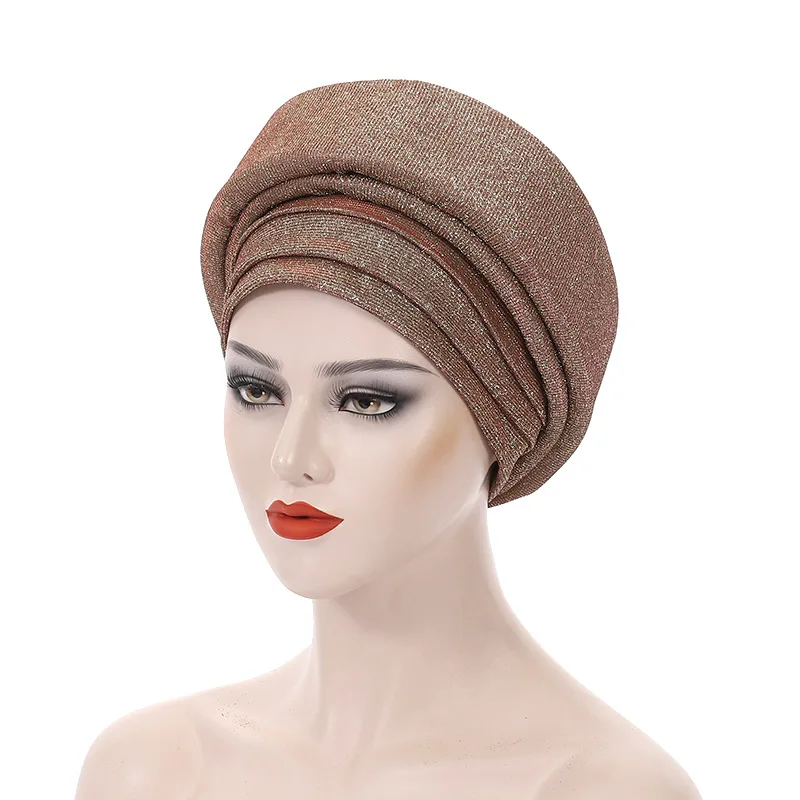 Fashion Yellow African Headtie Turban For Woman Nigerian Gele Already Made Auto Gele Turban Big Flowers Headtie 1Set DMX27-2
