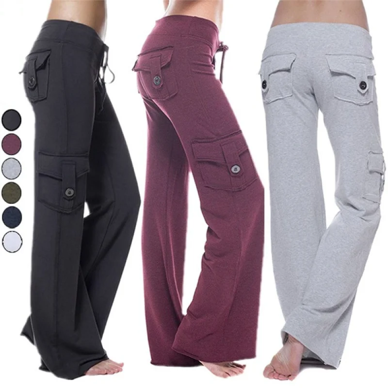 

Women's Fashion Stretch Button Yoga Pants Wide Leg Sweatpants Bootleg Pants with Muti Pockets 6 Colors