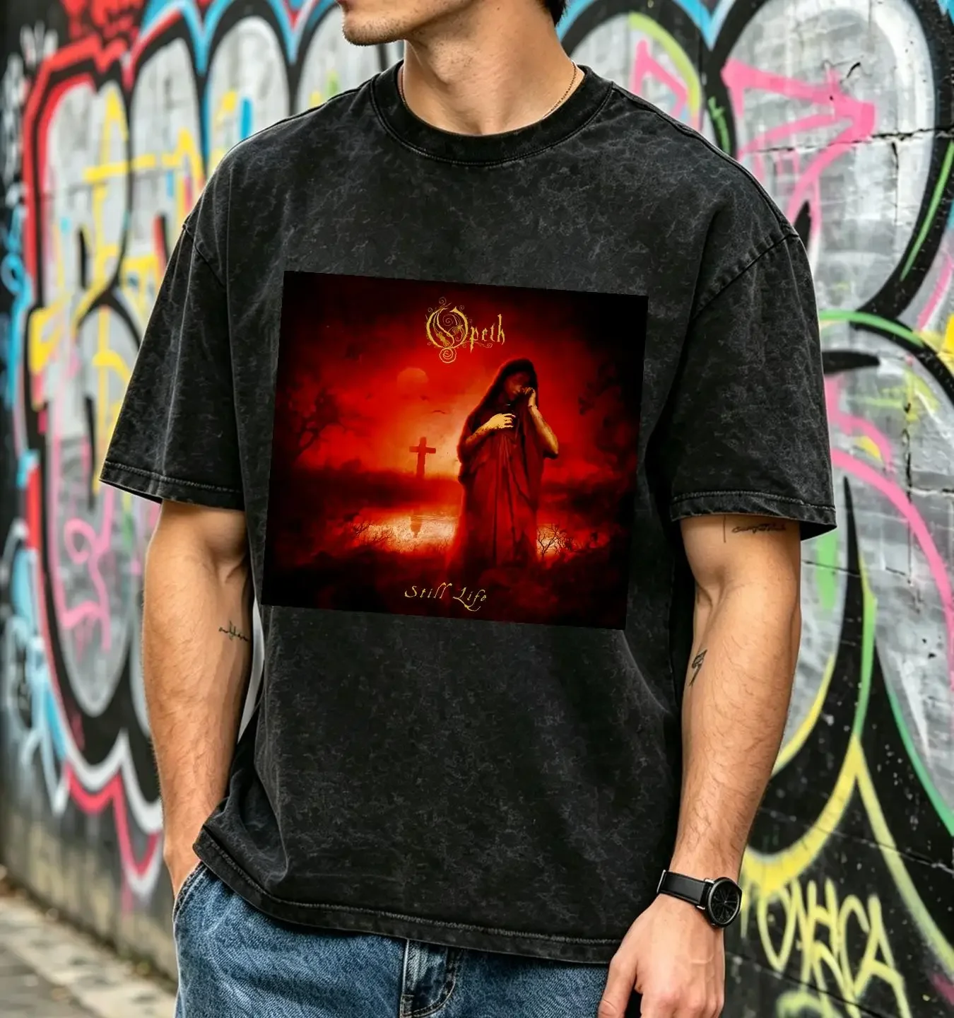washed T Shirt Opeth Still Life ShortSleeve Black All size long or short sleeves vintage Washed fashion Breathable Slightly