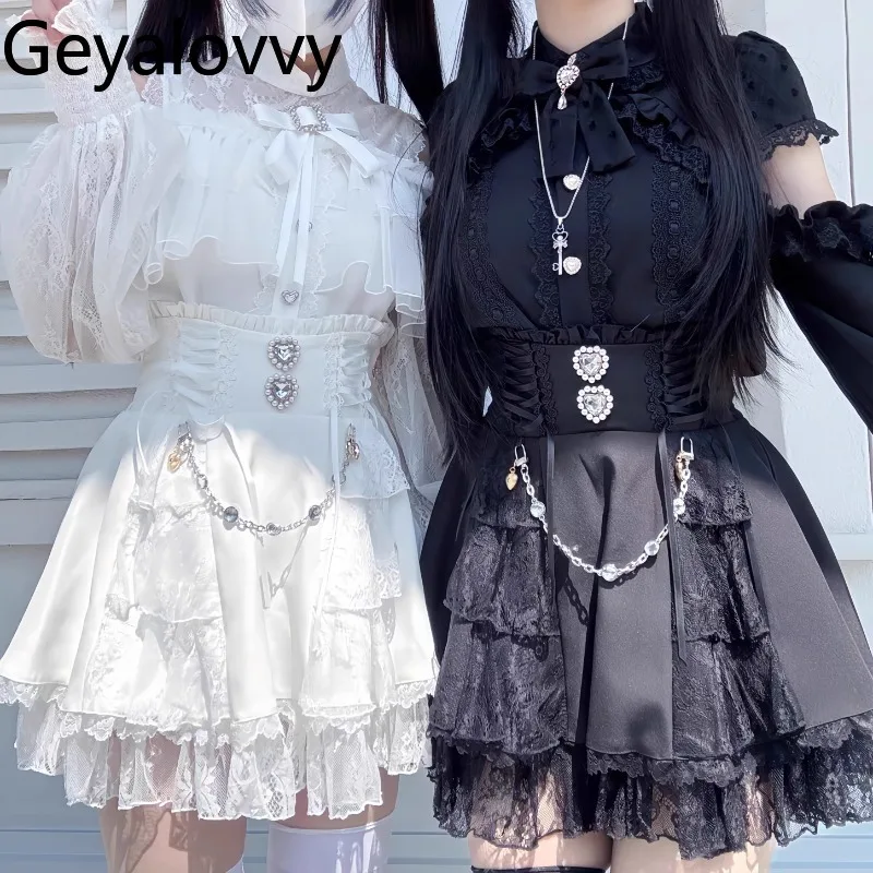 Letnia, codzienna krótka spódniczka z wysokim stanem, słodka, z koronkowym wykończeniem z dżetów, mini spódniczka w kształcie litery A dla kobiet, styl japoński Lolita.