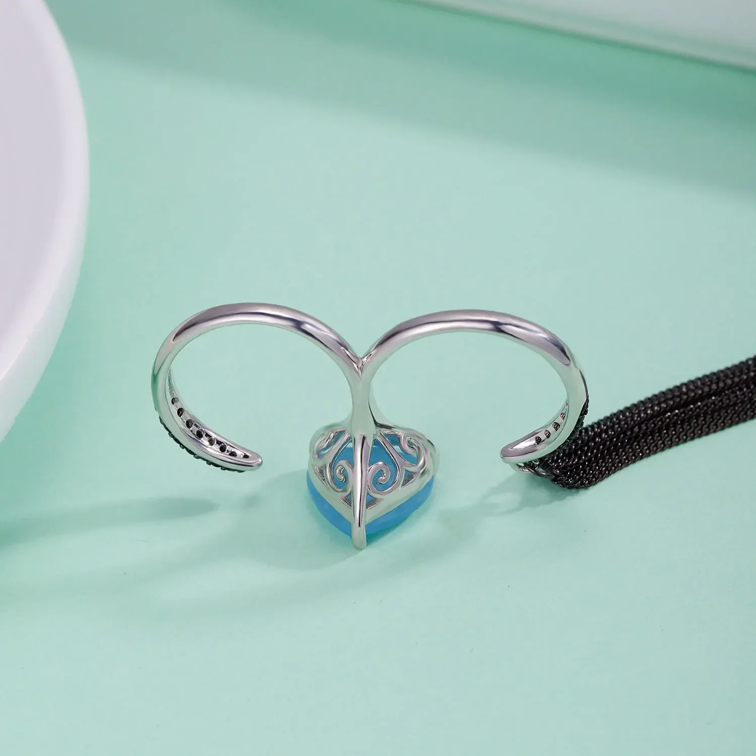 GEM\'S BALLET 925 Sterling Silver Gemstone Two Finger Ring Natural Heart Aqua-blue Calcedony Adjustaboe Open Gift For Her