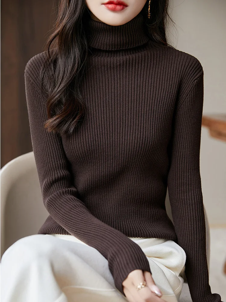

Autumn Winter Pure Cotton Knitted Long Sve High Collar Slim Fit Women's Base irt Crew Ne Pullover Inner Wear Top