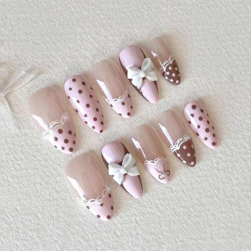

24PCS Y2K Sweet Pink French Press on Nails Brown Polka Dots 3D White Bowknot Fake Nails for Women Girl Almond False Nails Detachable