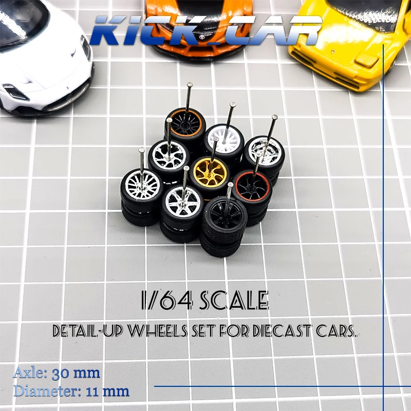 

1/64 Model Cars Wheels with Rubber Tires Kicarmod Type for 1:64 Toy Car Diecast Miniature Parts Modified Kit (5 sets