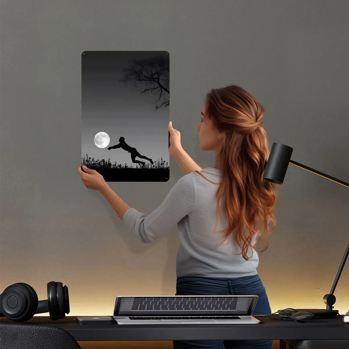صورة ظلية لاعب يصل إلى القمر علامات معدنية ملصق رياضي ديكور غرفة النوم ديكور غرفة المعيشة الرجال خمر الداخلية #2