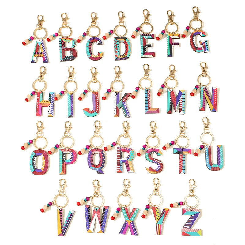 A-Z 26 Letters Wooden Trinket Key Chains Bohemian Geometric Totem Bead Pendant Keychain Jewelry Gifts to Family Couple Friends