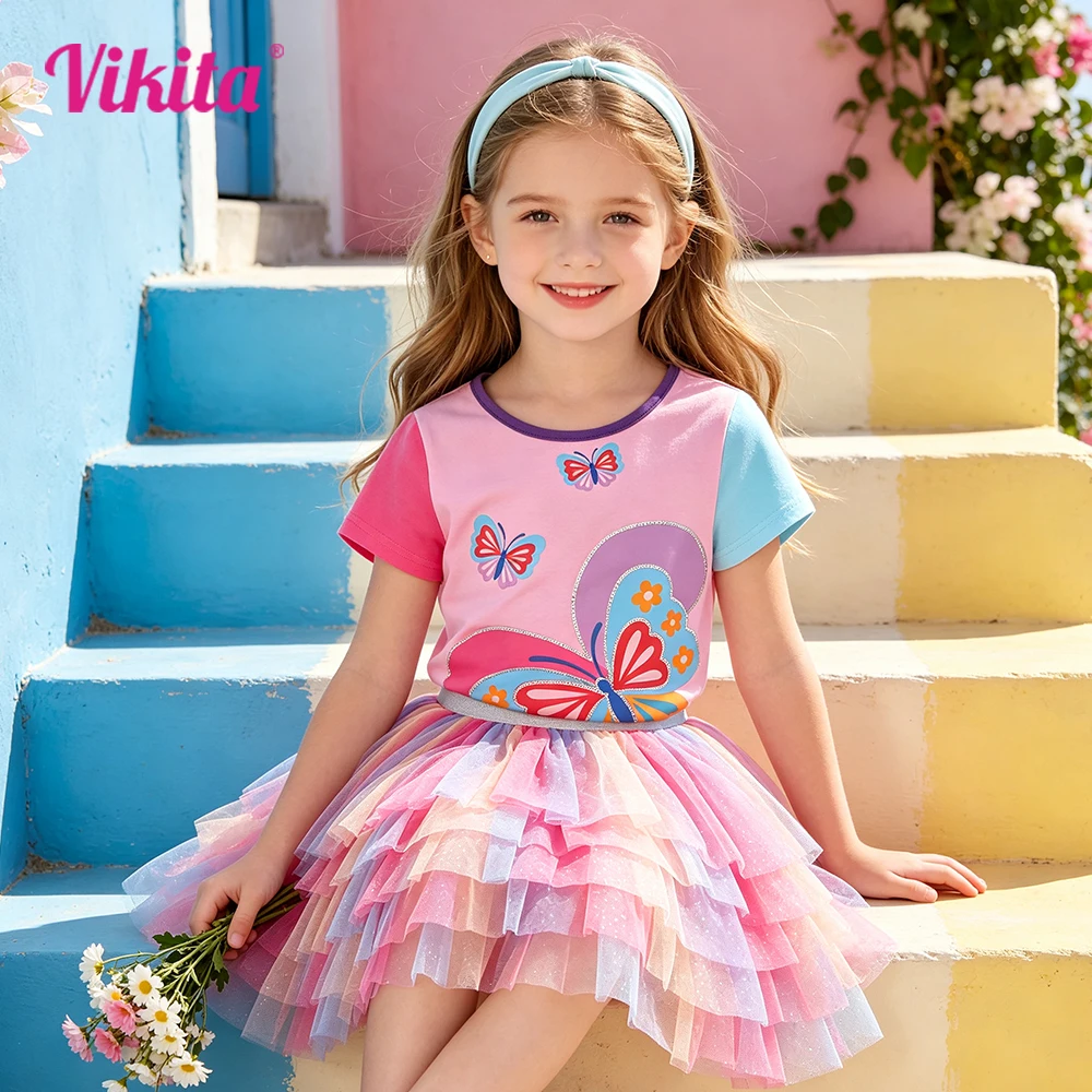 VIKITA Girls Colorful Butterfly Print Cotton Casual Daily Color Block Tops Tees Kids Short Sleeve Summer T Shirt Kids Clothes