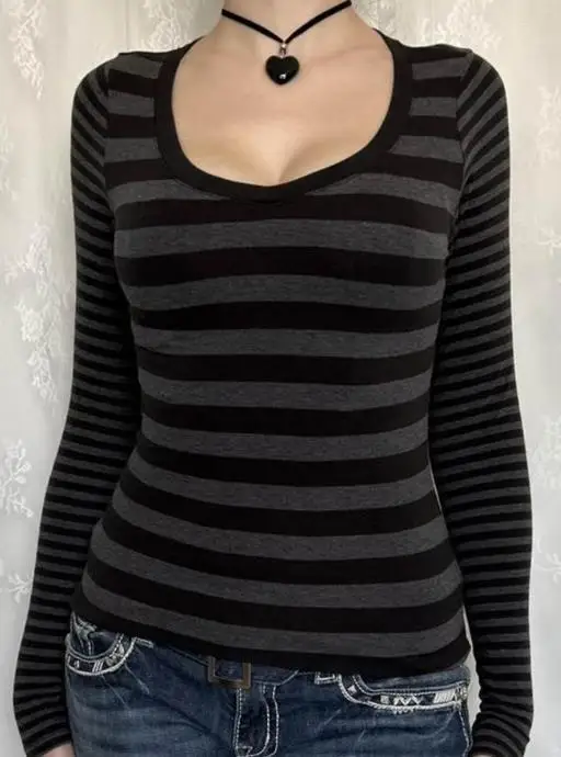 Y2K-suéter de manga larga a rayas estilo chica picante, camiseta para mujer, ropa de mujer, otoño 2025