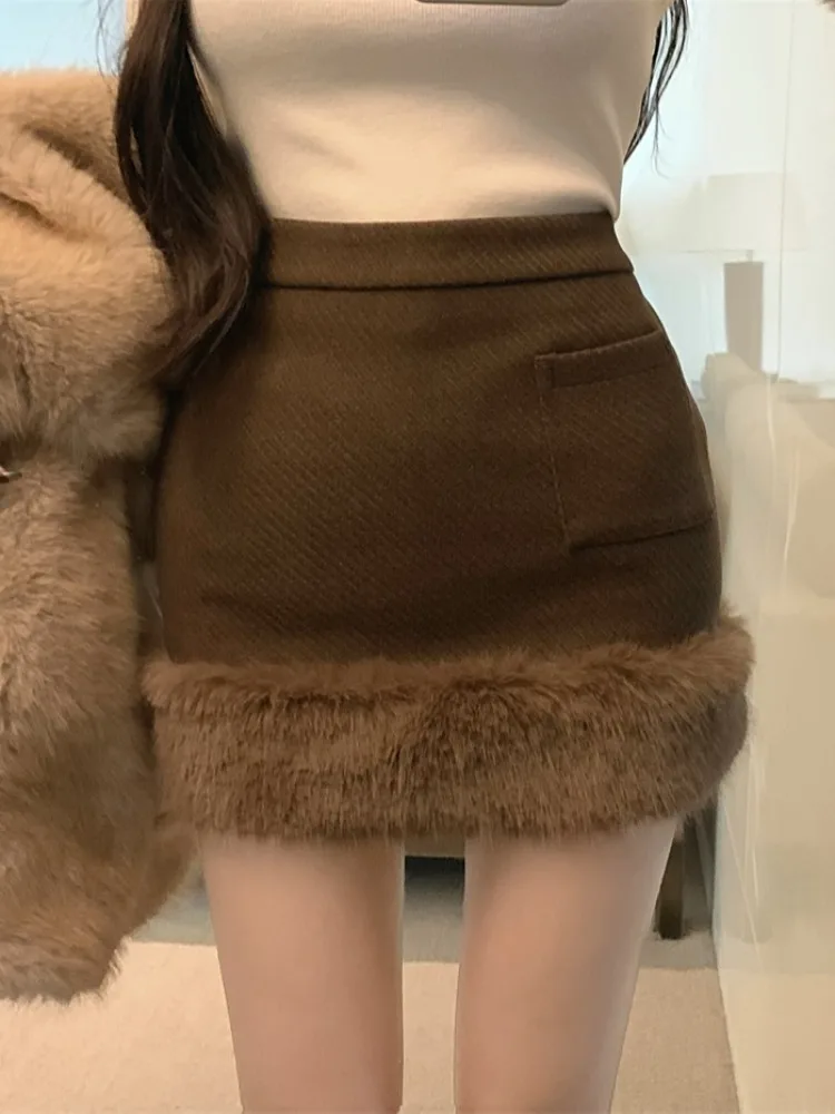 KUSAHIKI Splicing Hairy Edge Midi Skirt for Women Autumn Winter High Waisted Tight Fitting Hip Hugging Skirts Mujer