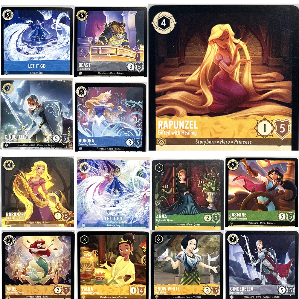

English Lorcana Proxy Chapter 1/2 Elsa Belle Papunzel Anna Aurora Jasmine Tiana Snow White PTCG Game Cards Anime Princess Series