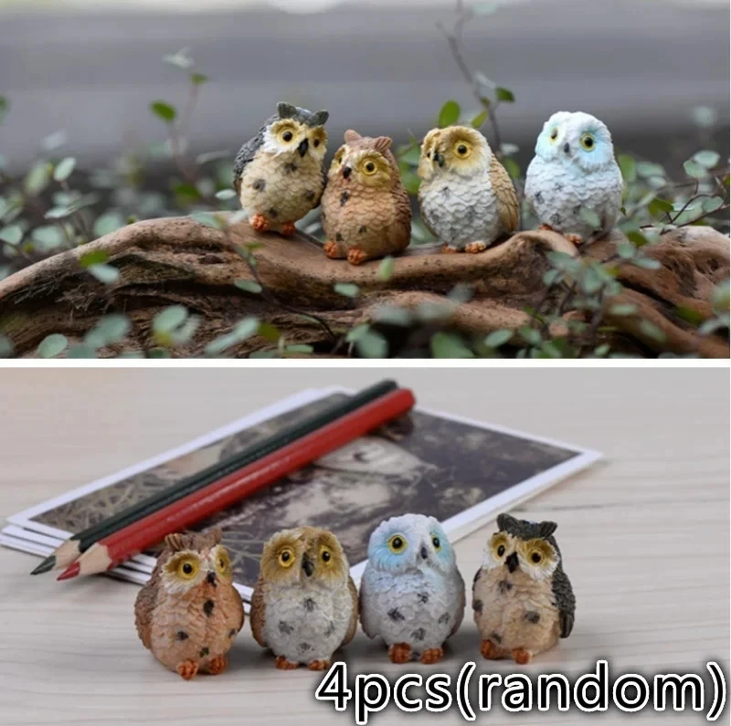 4 Pcs/1 Set Home Decoration Cute Artificial Owl Figurines Miniatures Lovely Birds Fairy Garden Home Resin Crafts Decorations