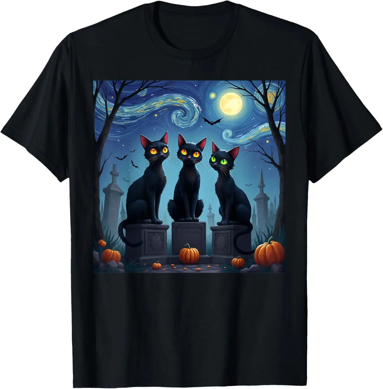 Three Black Cats Halloween Cemetery Starry Night Style Graphic Tee Men Fashion Casual Cotton T-Shirt