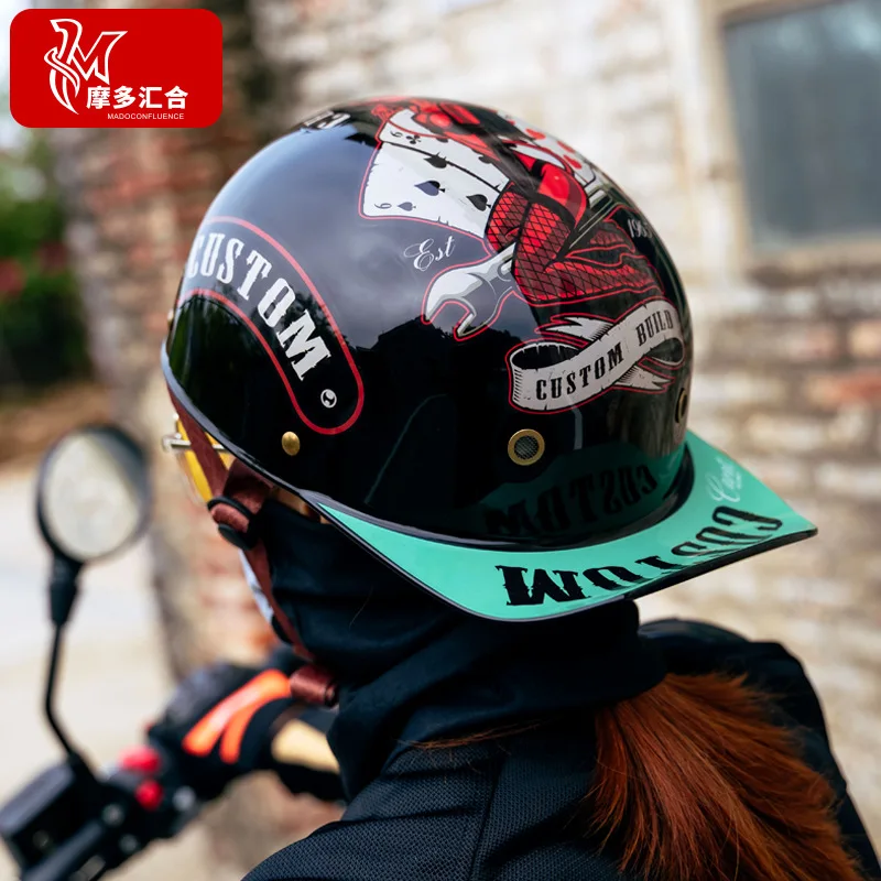 قبعة بيسبول خوذة دراجة نارية خمر الخوذات الرجعية الصيف مفتوحة الوجه سكوتر كروزر المروحية العصابات DS الرجال النساء #3