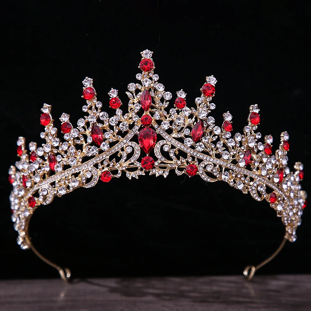 Baroque Vintage Gold Color Red Crystal Bridal Tiaras Crowns Rhinestone Diadem Women Headpieces Wedding Hair Accessories Jewelry