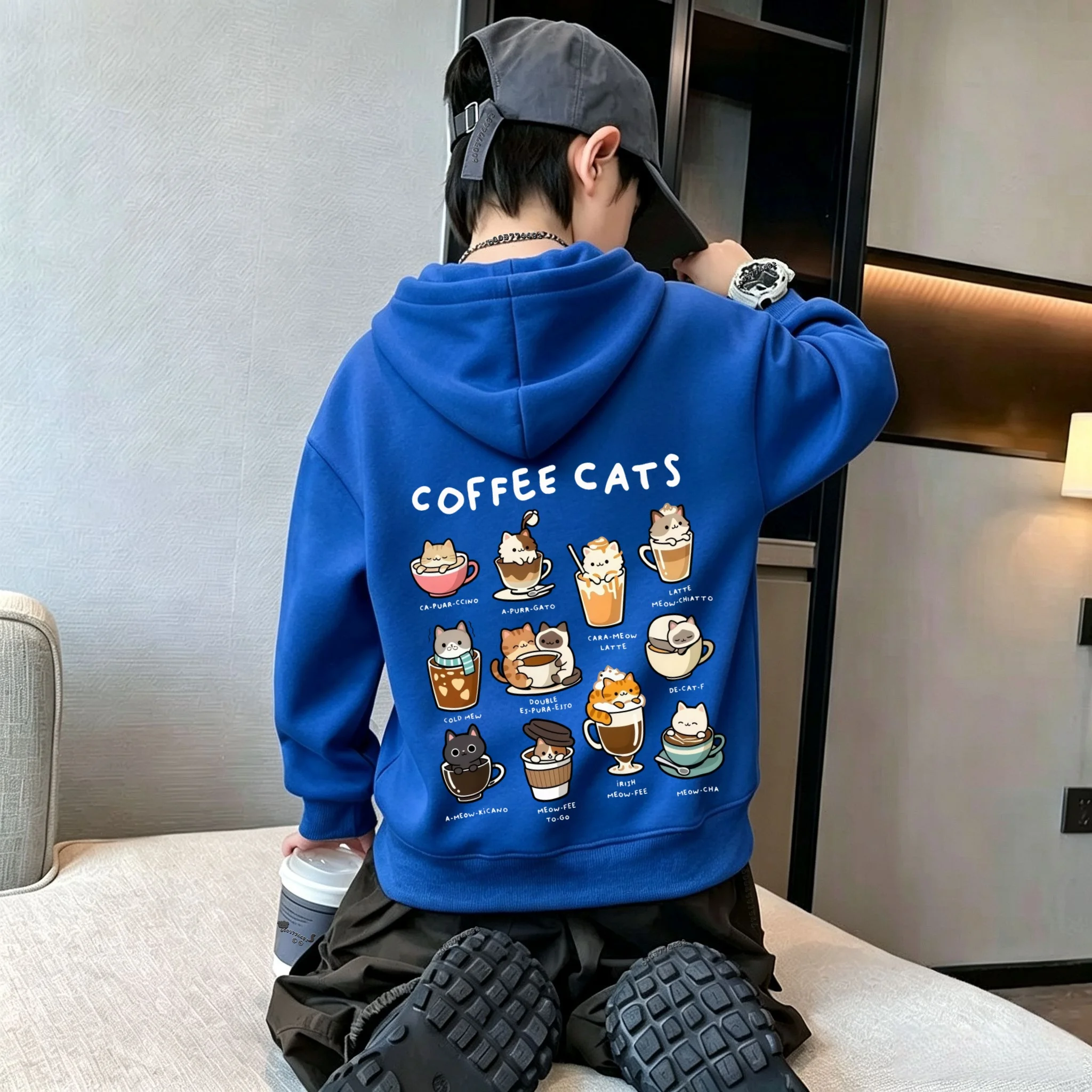 Y2K Kinder-Hoodie-Sweatshirt, Herbst-Winter, niedlicher Cartoon-Kaffee-Katzen-Grafikdruck, lässige, lockere Langarm-Oberteile – Detail 6
