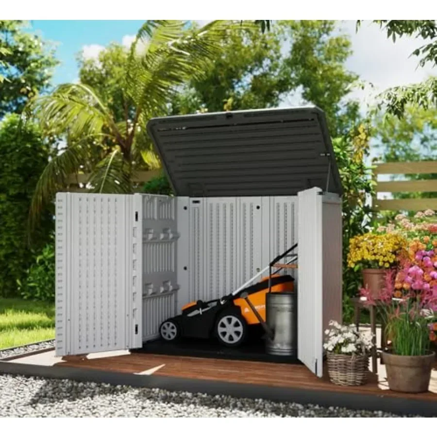 Backyard and Patio Storage Shed: Weather-resistant White Horizontal Cabinet for Lawnmower and Patio Accessories, 26 Cu.ft Large