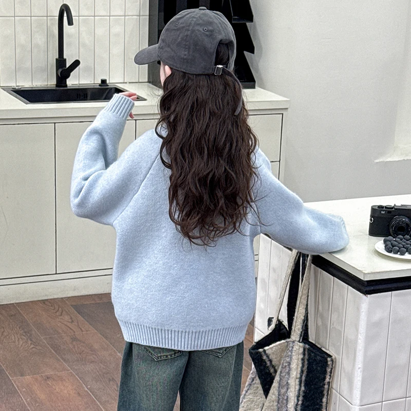 الأطفال سترة 2025 ربيع الخريف جديد الفتيات الكورية بلون كل مباراة موضة محبوك الجولة الرقبة سترة الفتيات الملابس