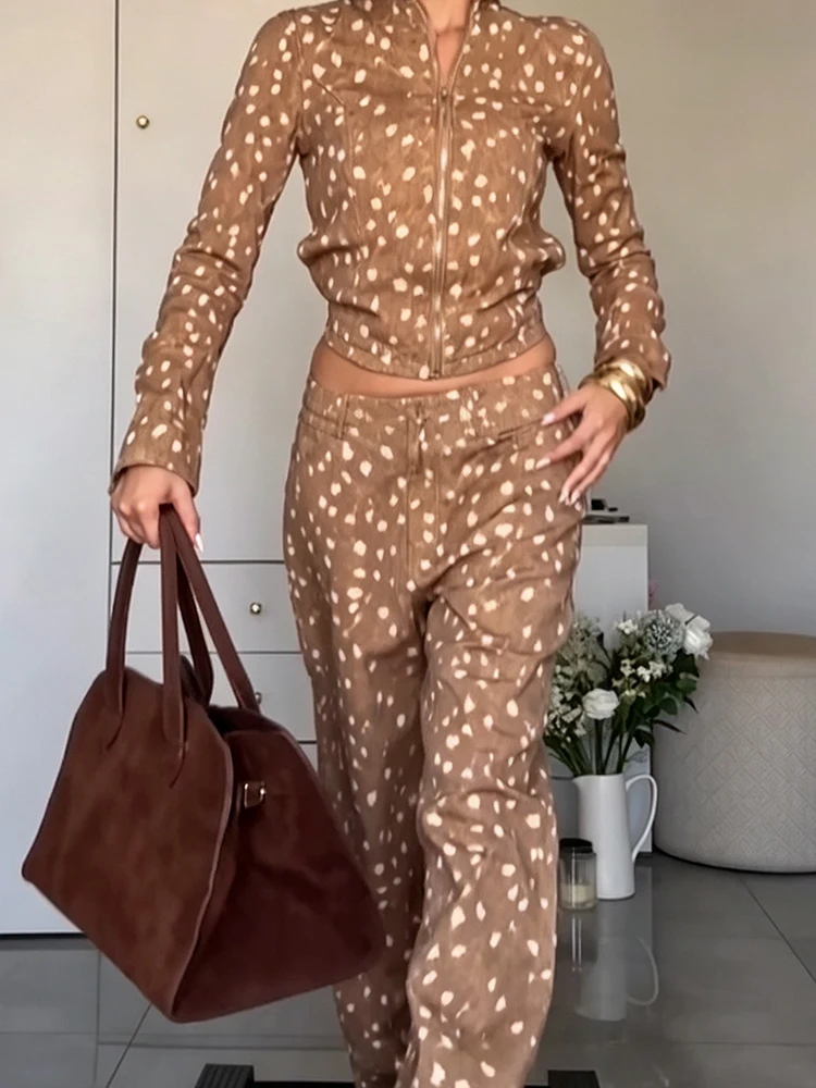 Retro Amerikanischer Hirsch-Punktdruck 2-Teiliges Outfit Reißverschluss-Jacke Knopflose Weite Hose 2026 Winter Neue Lässige Damen-Hosen-Sets – Detail 3