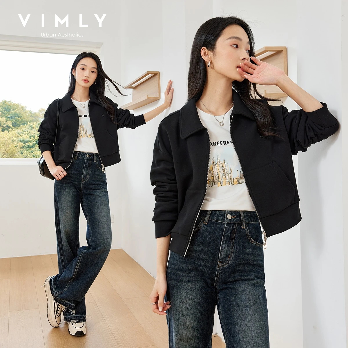 

VIMLY Women's Black Cropped Jacket 2026 New Spring Casual Cotton Knitted Outerwear Woman Zip Up Short Coat Female Clothing M8608