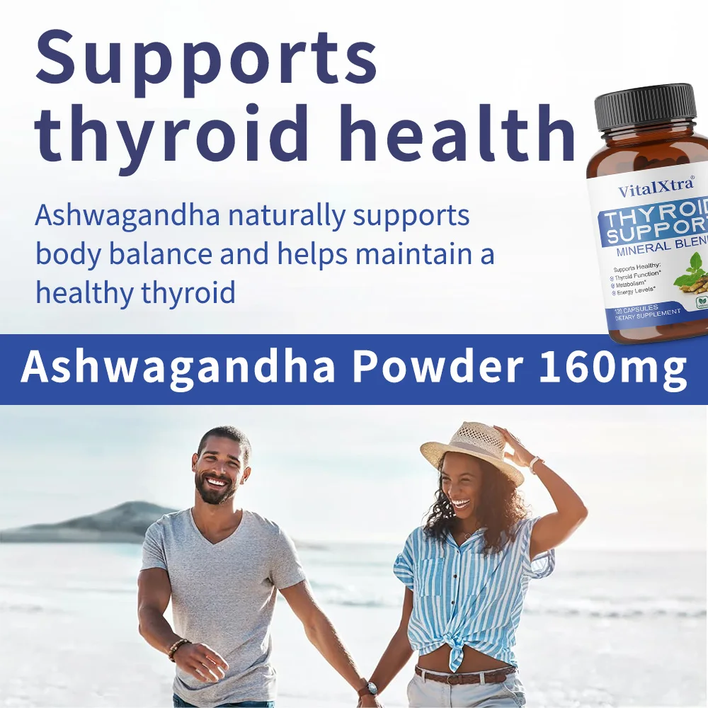 مكمل دعم الغدة الدرقية، مستخلص جذور أشواغاندا، اليود، السيلينيوم، الزنك، وفيتامين B12 لتعزيز الطاقة والواضح الذهني