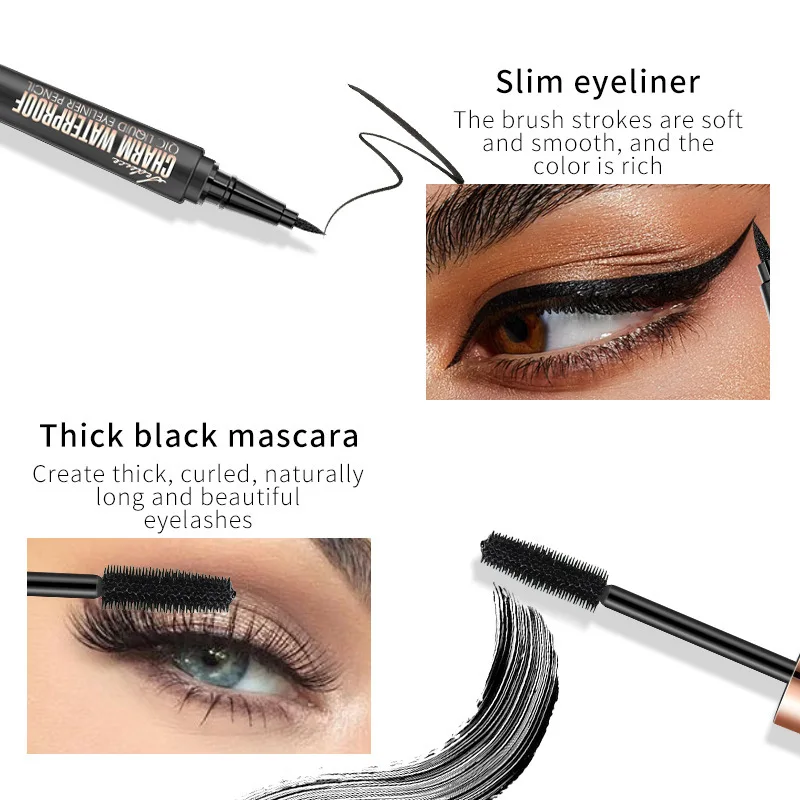 Zwarte Waterdichte Vloeibare Mascara Eyeliner Kit 4d Fiber Lash Curling Dikke Verlenging Cosmetica Volume Wimpers Korea Make-Up Set