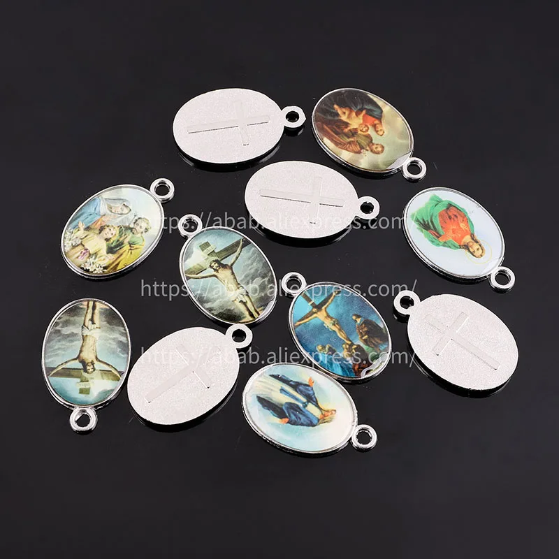 10 pieces/, Catholic style Catholic pendant medal mixed icon, rosary connector three hole religious amulet medal